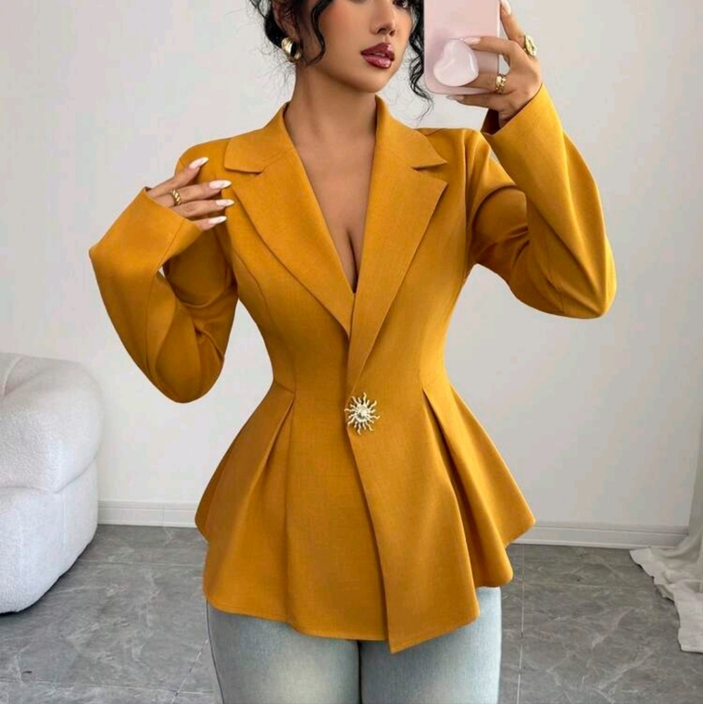 Women's Fashion Solid Color Lapel NeckCinched Waist Regular Jacket